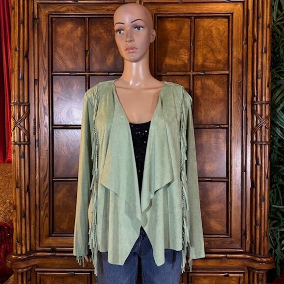 Colleen Lopez Pistachio Fringe Cascade Stretch Faux Suede Jacket Boho Western - Picture 2 of 11
